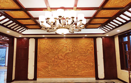 右江中式别墅客厅中式木作横梁吊顶装饰展示